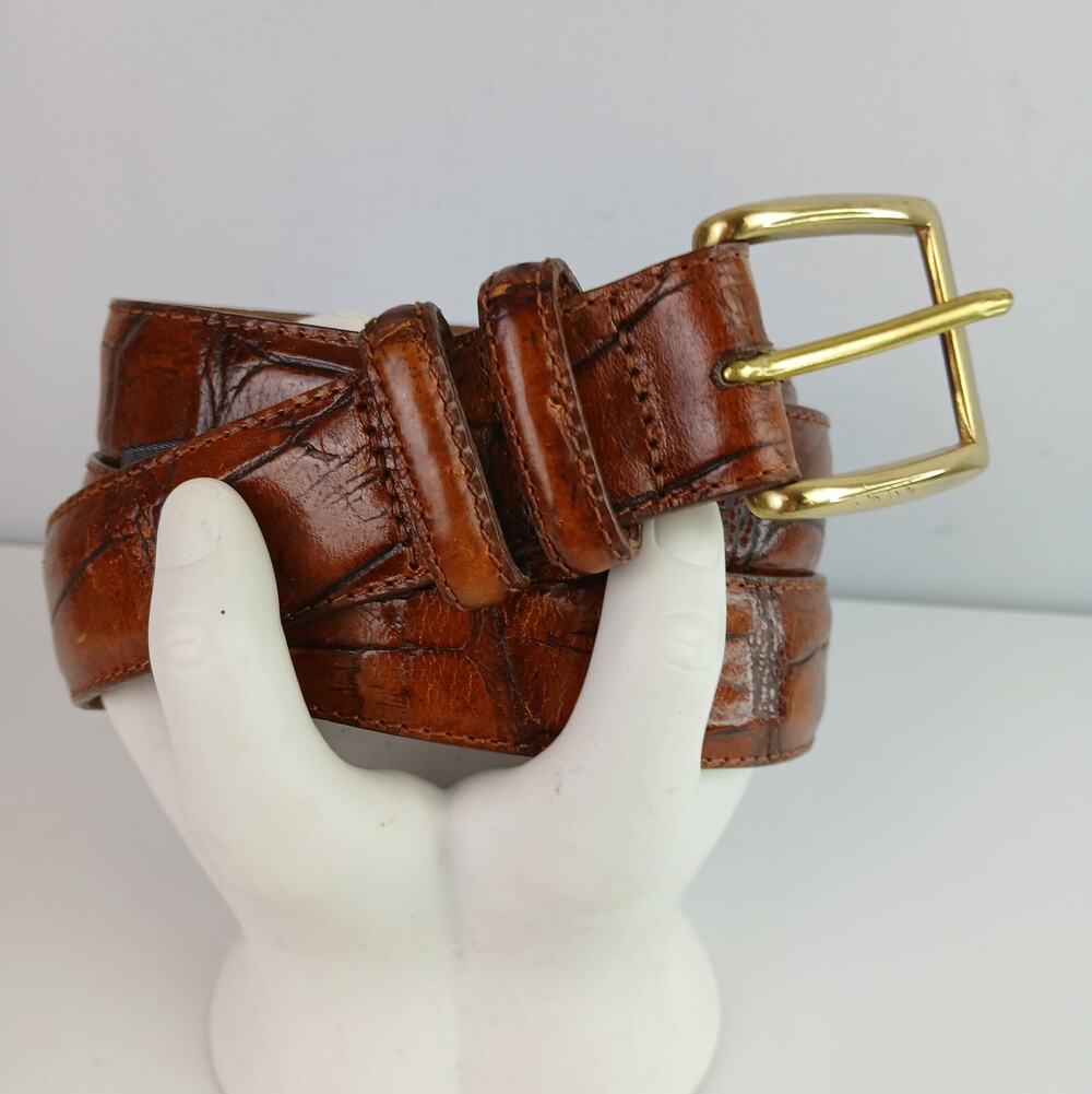 Brighton Men's SZ 36 VTG Made In The USA Croc Embossed Leather Belt Brass Buckle